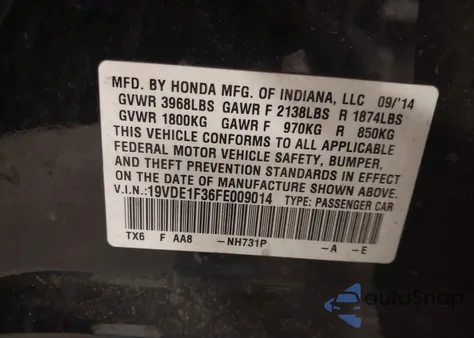 2015 Acura Ilx 2.0L z USA, uszkodzony, nr VIN 19VDE1F36FE009014